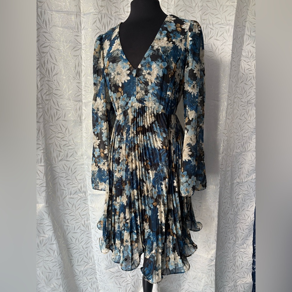 Taylor Blue, White, Black and Tan Floral Long Sleeve Dress